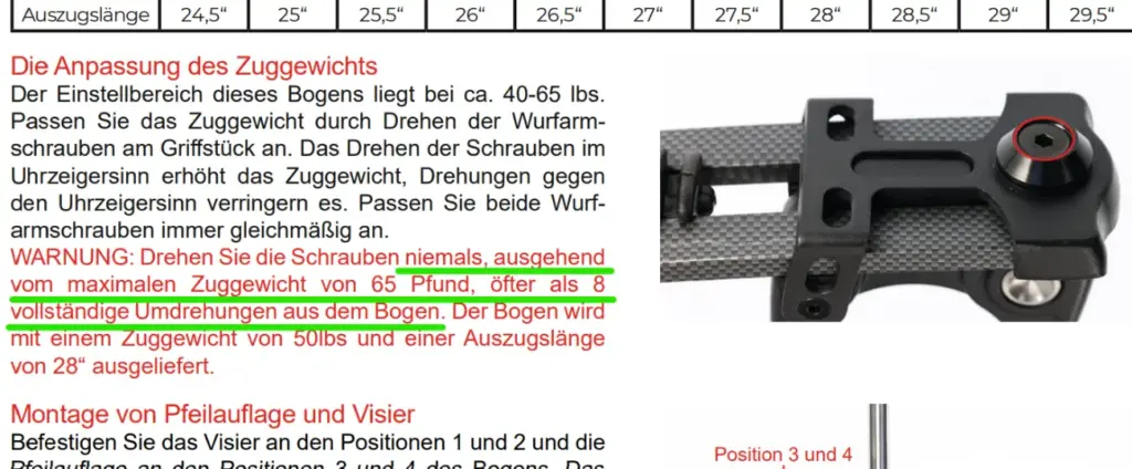 Abschnitt einer Anleitung mit dem Hinweis zum Einstellen des Auszugs mit der Angabe der maximalen Umdrehungen